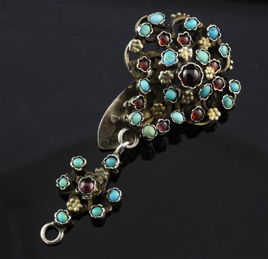 An early 20th century Austro-Hungarian 750 standard silver gilt and gem set drop pendant clip, 2.75in.